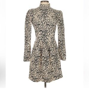 LA VIE Rebecca Taylor Black and Cream Animal Print Long Sleeve Dress